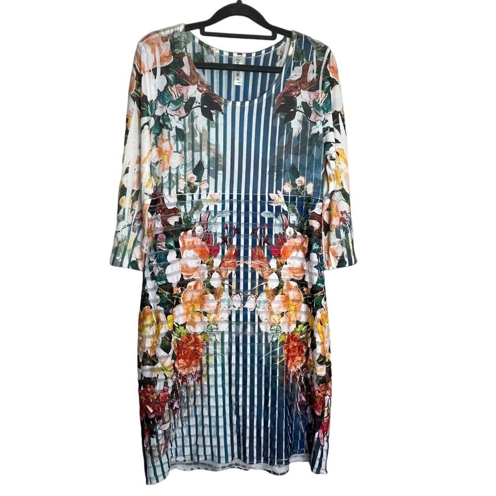 Cubism Floral Strip Print‎ Long Sleeve Dress Scoop Neck Lightweight Size Medium